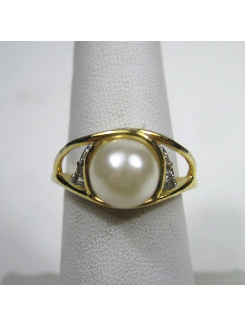 EDCO Simulated Pearl Gold Tone CZ Ring Elegant Size 7